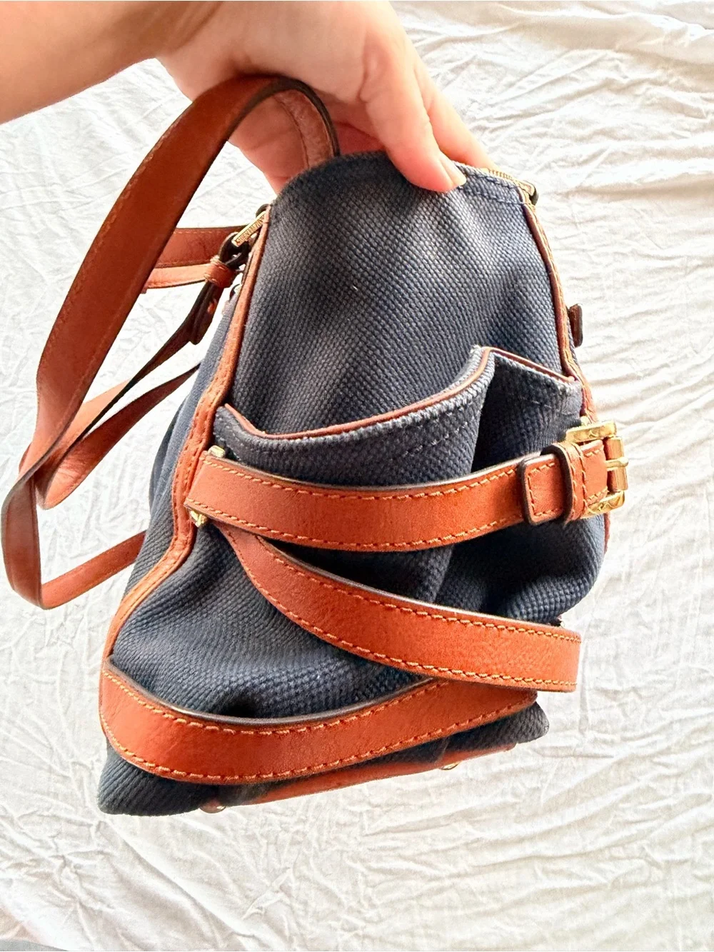 Michael Kors Navy and Brown Leather-Trim canvas doctor’s style Shoulder Bag